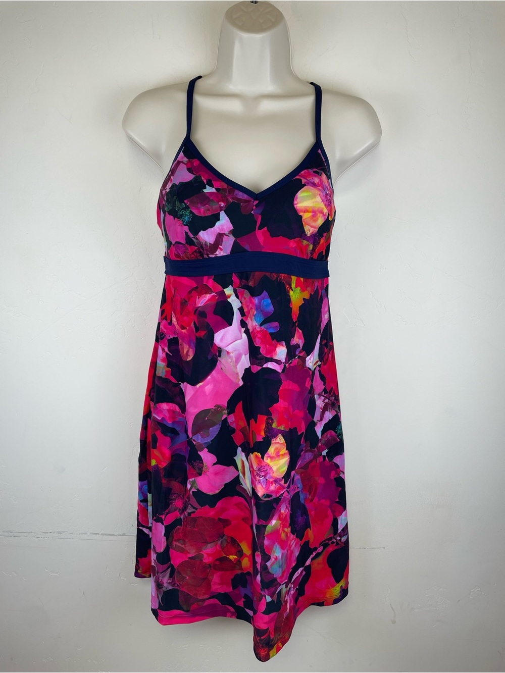 Athleta Pink and Navy Floral V-Neck Sundress